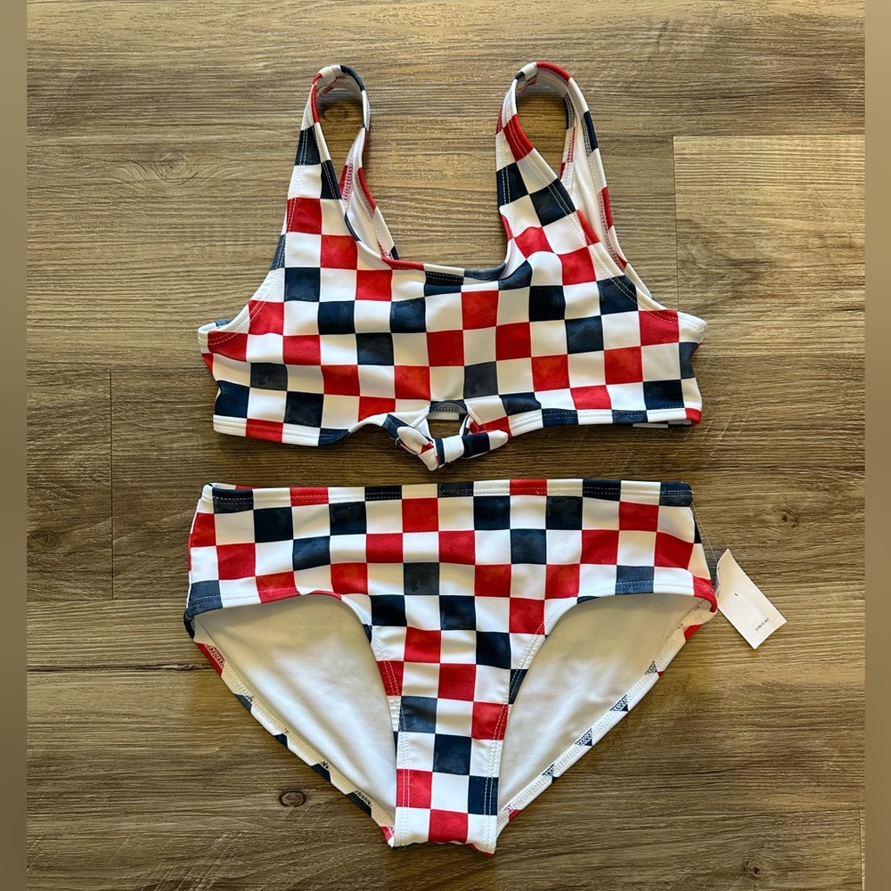 Old Navy Gurls Tie Knot Red and Blue Checkered Bikini Set